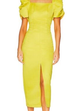 Square Neck Yellow Midi Dress with Puff Sleeves and Front Slit